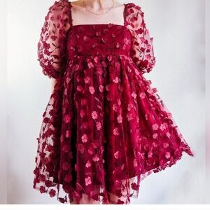 TCEC Burgundy 3D Floral Baby Doll Mini Dress